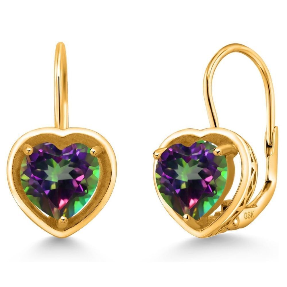 18K Yellow Gold 925 3.00 Cttw 7MM Green Mystic Topaz Heart Leverback Earrings